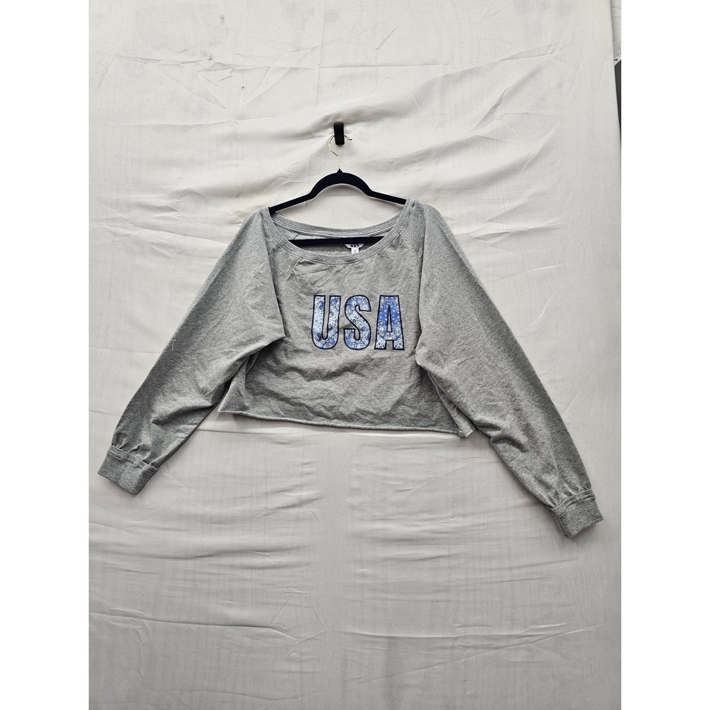 JoyLab Womens USA Graphic Pullover Sweatshirt Gray Cotton Blend Casual Size M